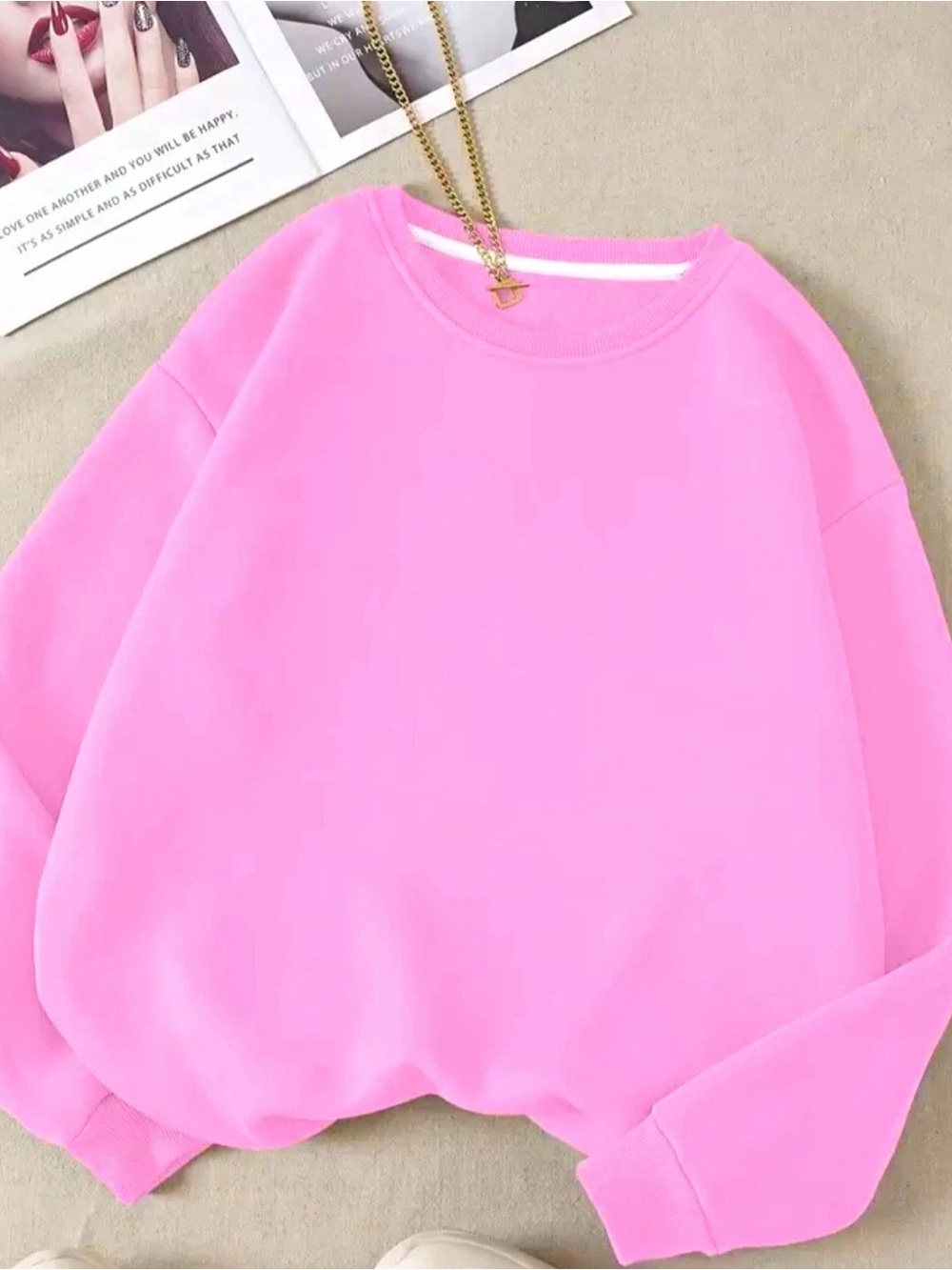 Shein Women's Pink Fleece Polyester Pullover Sweatshirt Crew Neck Long Sleeve